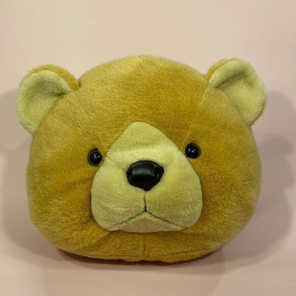 Classic Teddy Bear Head Pillow Golden Beige/Brown w Black Nose Excellent Used … - Picture 1 of 7